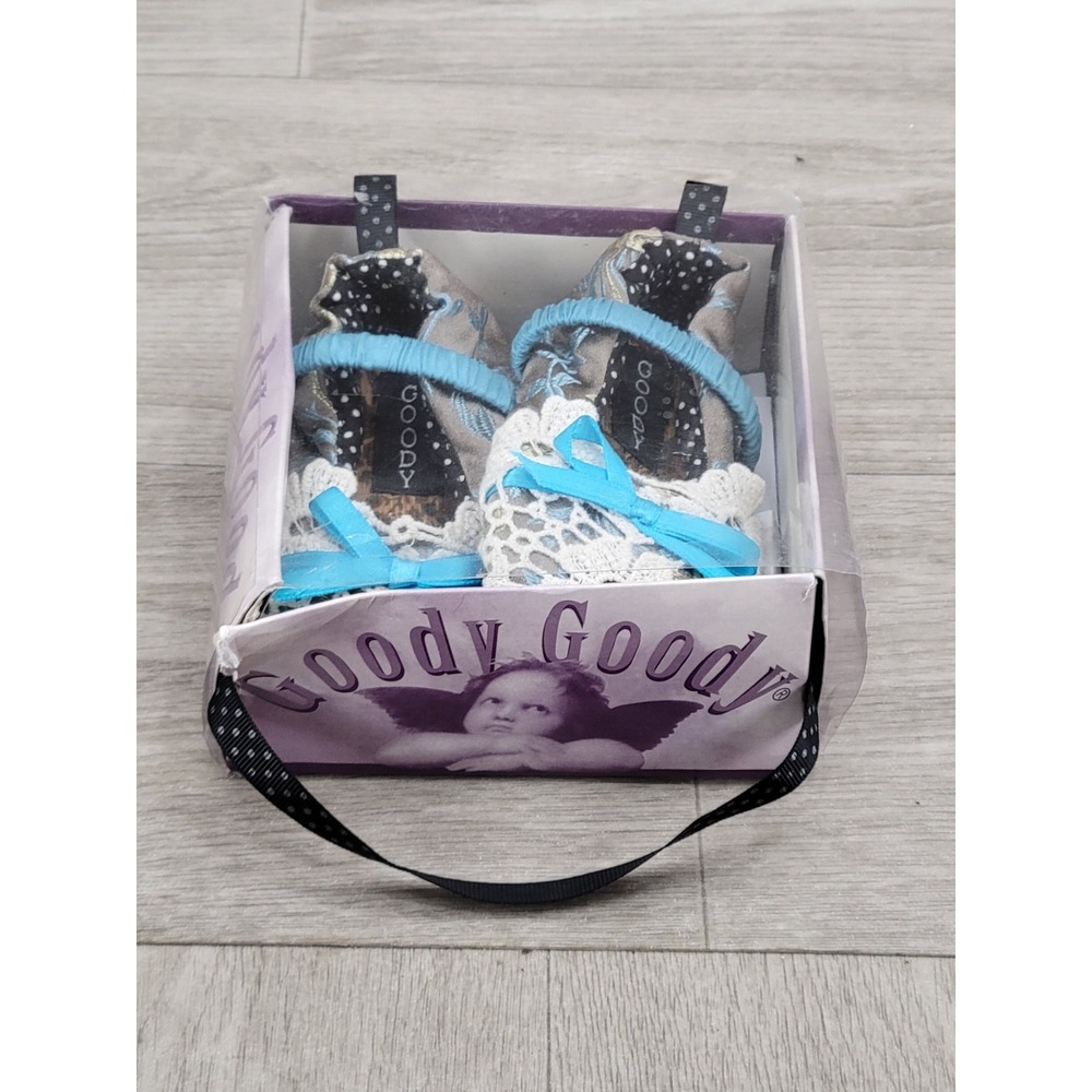 Vintage Goody Goody Baby Girls Lace Crib Shoes Blue Floral Satin Bow Size M 6-12